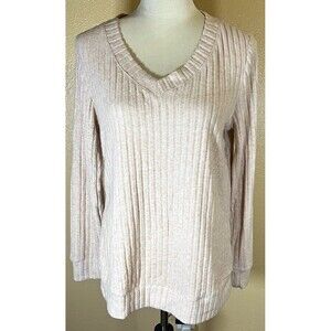 Sampeel Women's Beige Ribbed Knit V-Neck Pullover Sweater Long Sleeve Size S